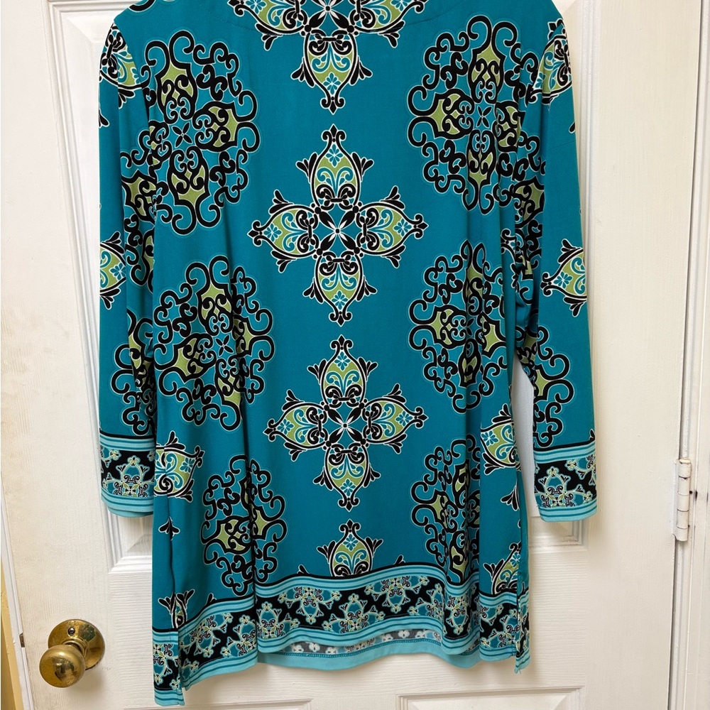 JM Collection Teal and Black Patterned Blouse - Picture 7 of 8